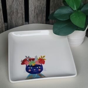 Magenta Whimsical Cat Square Ceramic Dish